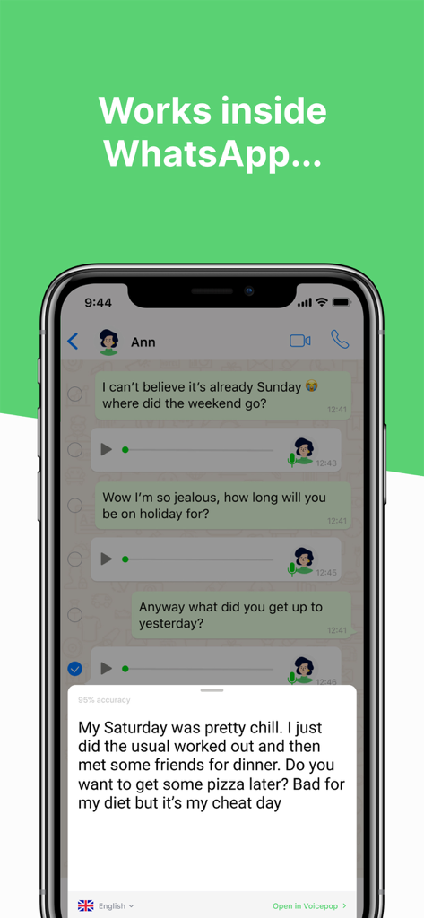 Voicepop - Turn Voice To Text - iPhone screen showing Voicepop app transcribing a WhatsApp voice message into text