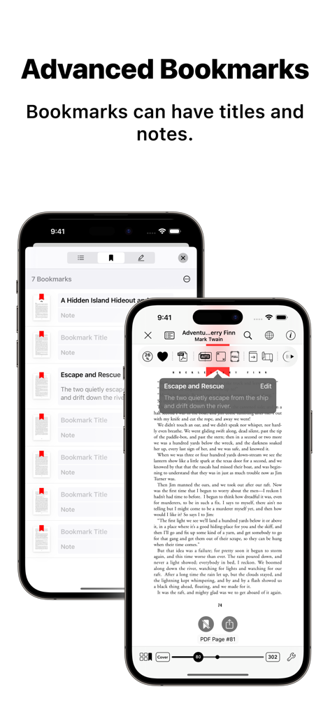 Booklover - eBook Reader - Interface of Booklover eBook Reader highlighting advanced bookmarks with titles and notes