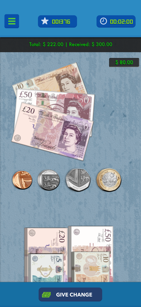 Take Your Money - Una captura de pantalla del juego educativo Take Your Money que muestra billetes y monedas británicos para un ejercicio de cálculo de cambio.