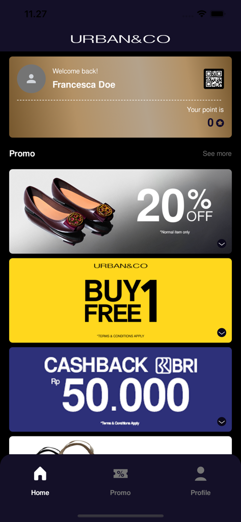 URBAN&CO Member - Home screen of the URBAN and CO Member app displaying a digital membership card and retail shopping promotions.