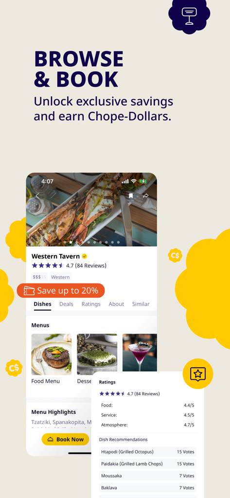 Chope - Dining Made Easy - Chope app interface showing a restaurant profile with menu photos, customer ratings, and a discount offer banner.