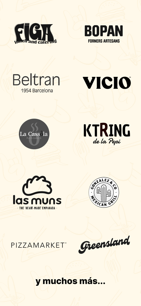 Kombo - Komboアプリで利用可能なVicio、Bopan、Las Munsなどのケータリングパートナーのロゴディスプレイ。