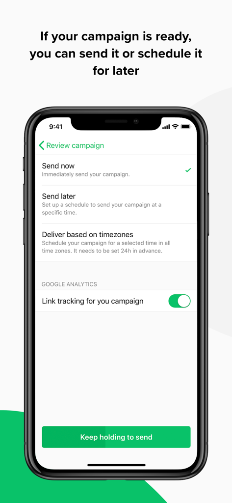 MailerLite Classic Manager - The MailerLite Classic Manager app interface showing options to send or schedule an email campaign with a hold to send button.