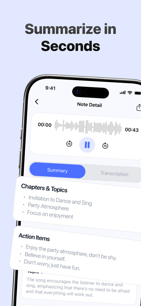 Fathom AI app interface displaying a voice recording summary with chapters and action items