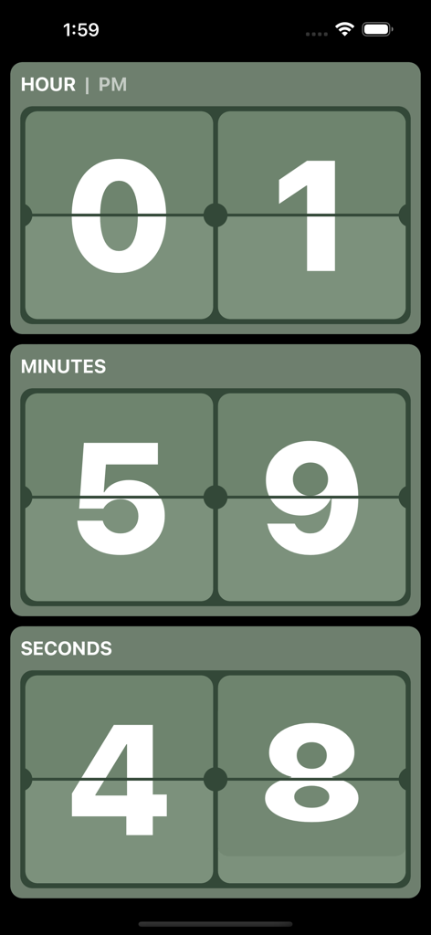FlipClock: Always On Display - Retro digital flip clock showing hours minutes and seconds in a sage green aesthetic theme
