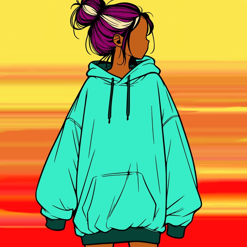 realistic girl with a oversized sweatshirt on and a bun