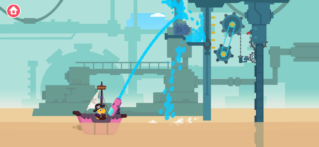 Dinosaur Pirate Games for kids - A dinosaur pirate on a boat shooting a water cannon at mechanical gears in a physics puzzle.