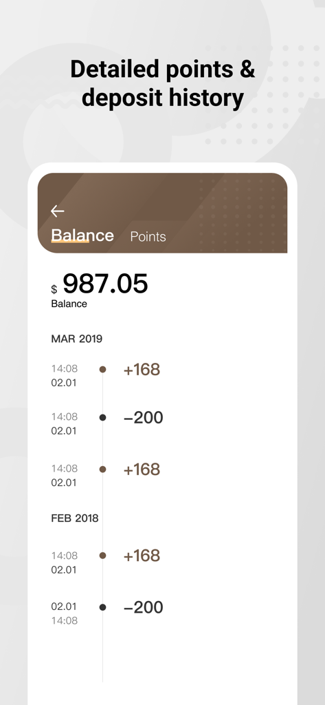 Yomi - Yomi app screen displaying detailed balance and points transaction history