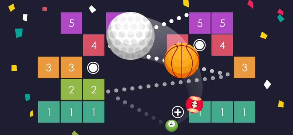Balls Versus Blocks - Different balls bouncing and destroying numbered blocks in the mobile game Balls Versus Blocks