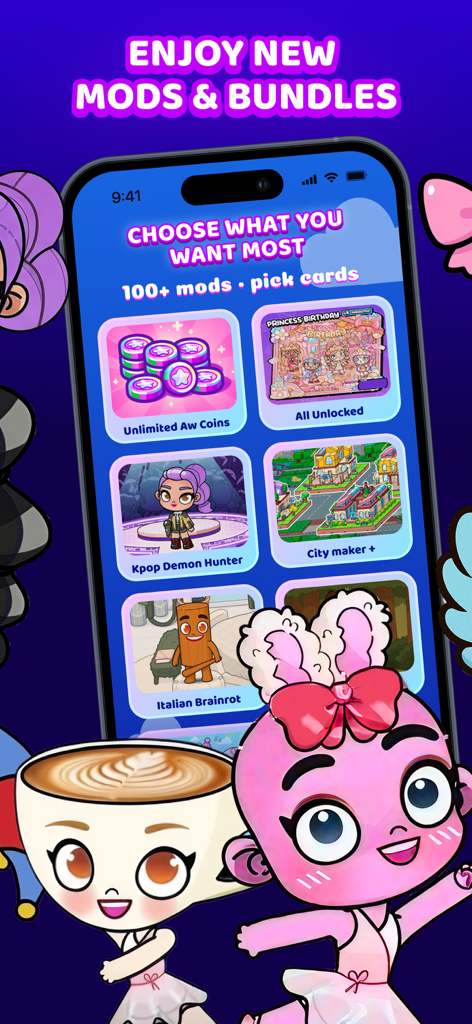 Avatar World - Cute Life Mods - App-Bildschirm, der verschiedene Spiel-Mods und Bundles für Avatar-Welt-Charaktere und Orte anzeigt