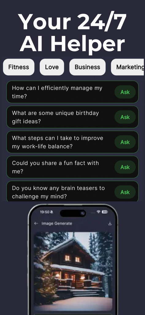 PowerBrain AI Chat 앱 인터페이스, 피트니스 및 비즈니스용 프롬프트 카테고리와 눈 덮인 오두막집의 AI 생성 이미지 표시