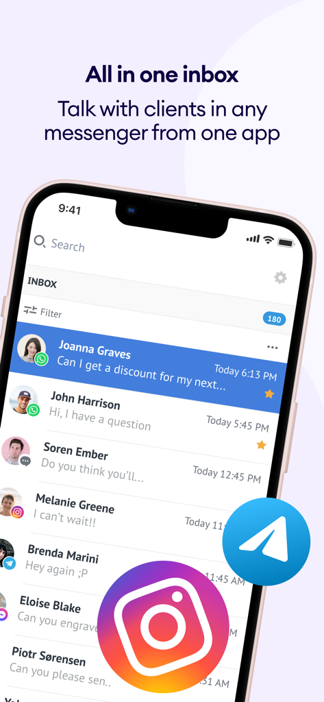 Kommo - Kommo CRMの統合受信トレイ。モバイル画面に、さまざまなメッセージングアプリからの顧客チャットが表示されます。