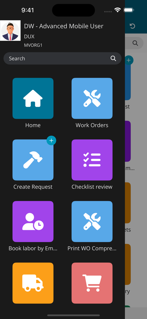 HxGN EAM Digital Work app main menu showing icons for work orders checklists and asset management