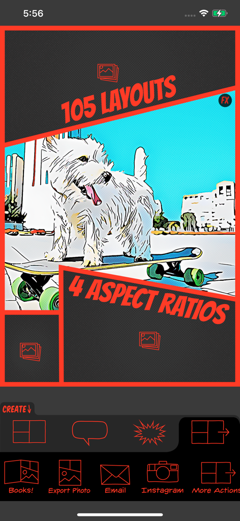 ComicBook app interface showing a dog on a skateboard with a comic filter and various layout options