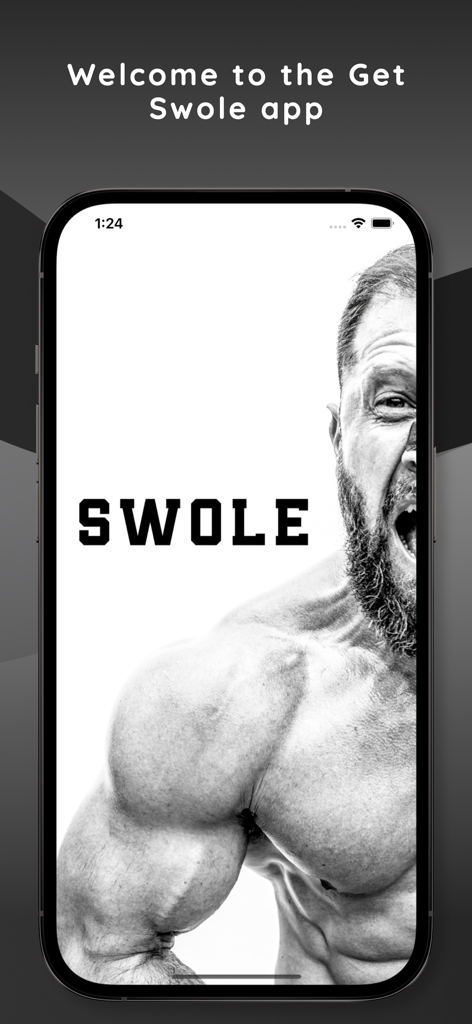 Get Swole - Welcome screen of the Get Swole fitness app featuring a muscular Ryan Humiston