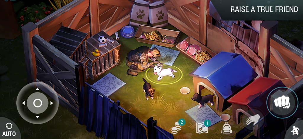 Last Day on Earth Survival의 개집에서 강아지와 상호 작용하는 캐릭터