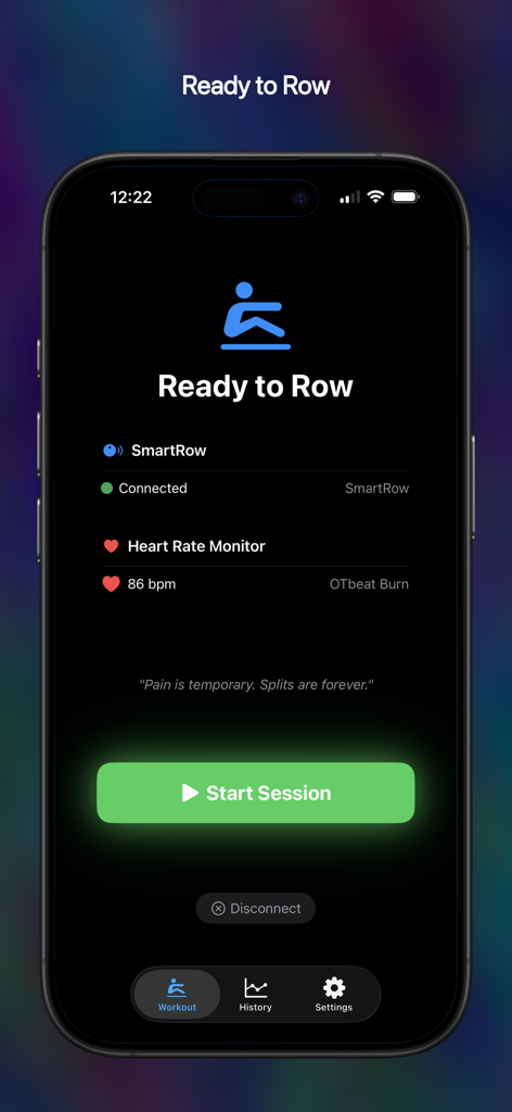 SmartRow Companion - SmartRow Companion app start session screen showing connected rower sensor and heart rate monitor