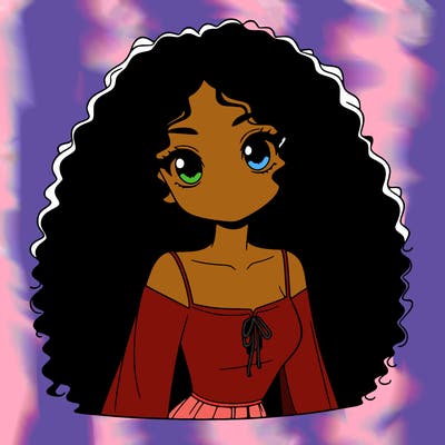 a black anime girl with long afro hair