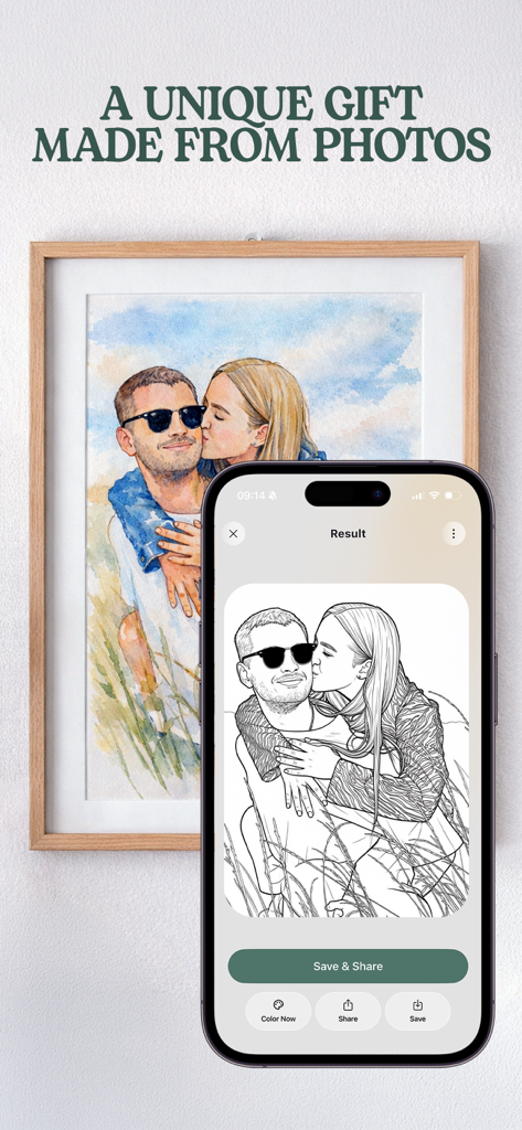Flow-Coloring Book for Adults - A custom coloring page of a couple shown on a smartphone and framed on a wall as a unique gift.