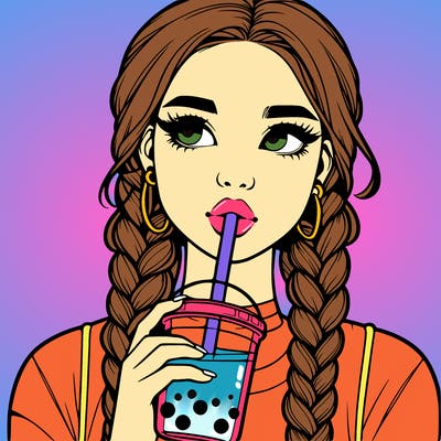 realistic girl with braided hair drinking boba