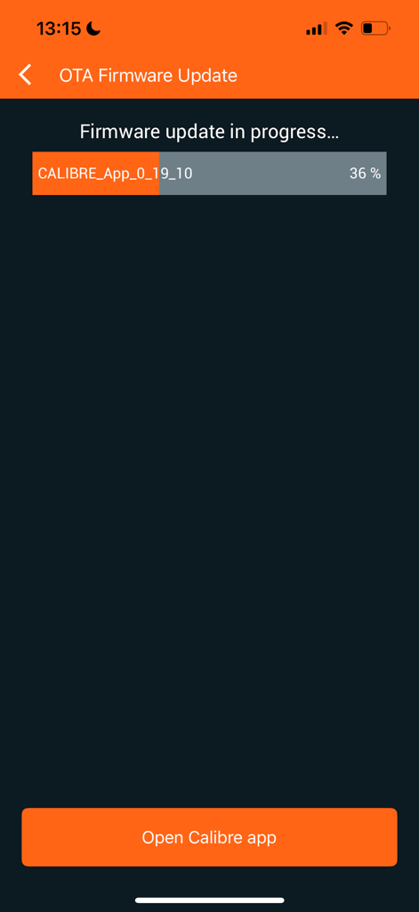 Calibre Firmware Updater - Mobile app screen showing a firmware update in progress for the Calibre metabolic tracker with a progress bar at thirty-six percent
