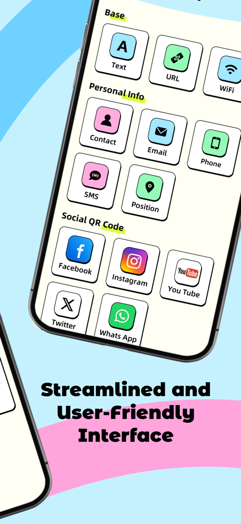 Mela QR Code - Mela QR Code app screen showing various categories to generate custom QR codes for social media and personal information