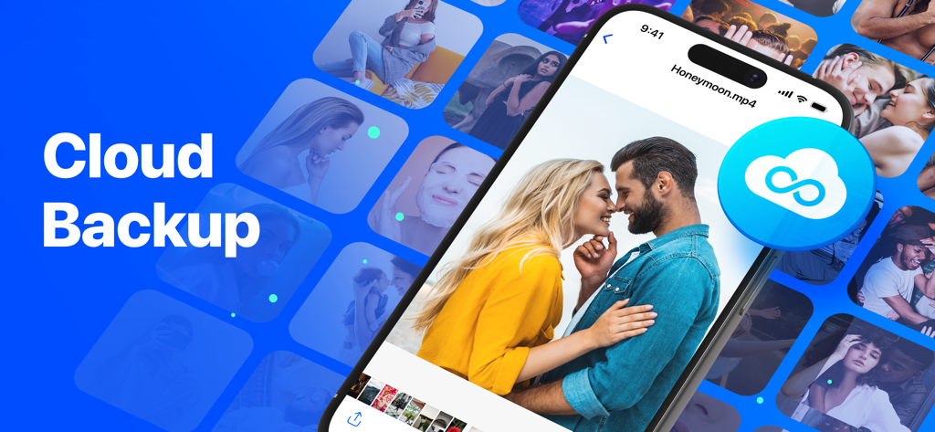 Secret Photo Album app interface highlighting the cloud backup feature for private media storage