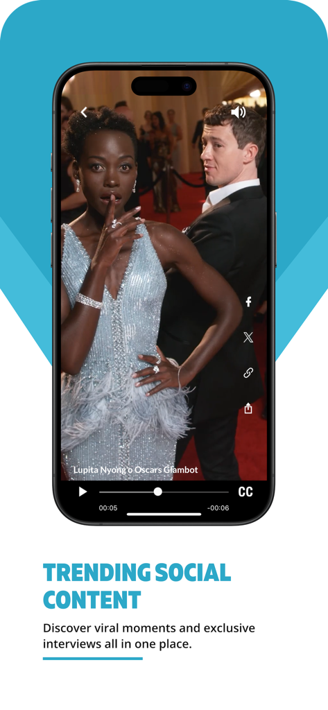 E Newsアプリのトレンドソーシャルコンテンツとレッドカーペット動画を表示するスマートフォン画面。