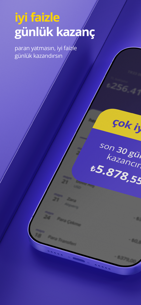 getirfinans - Écran mobile de l'application Getirfinans affichant les gains d'intérêts quotidiens et la liste des transactions