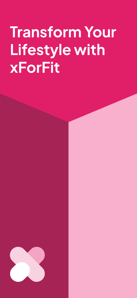 xForFit Startbildschirm mit dem Text Transform Your Lifestyle with xForFit auf einem pinken geometrischen Hintergrund.
