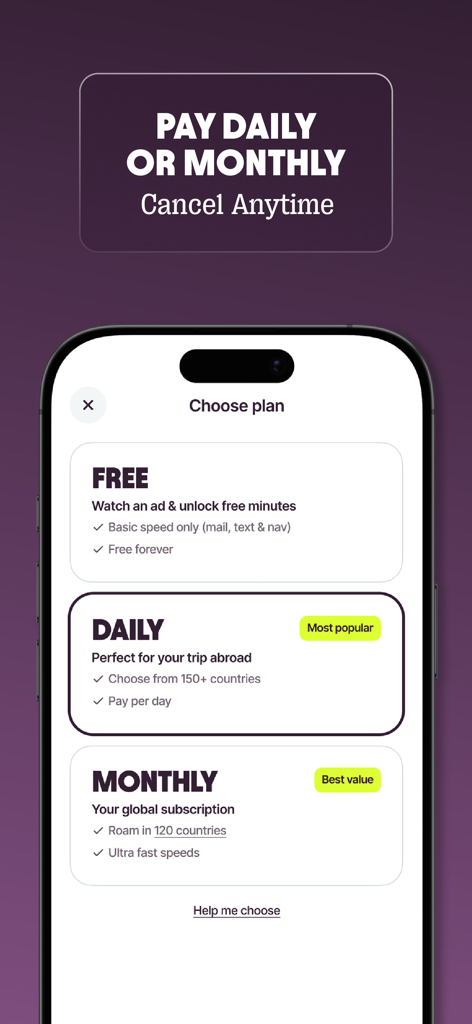 Mobile app screen displaying free daily and monthly international data plans