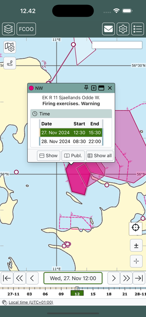 Nautical map showing military firing exercise warning and schedule in the Sejladsudsigt app
