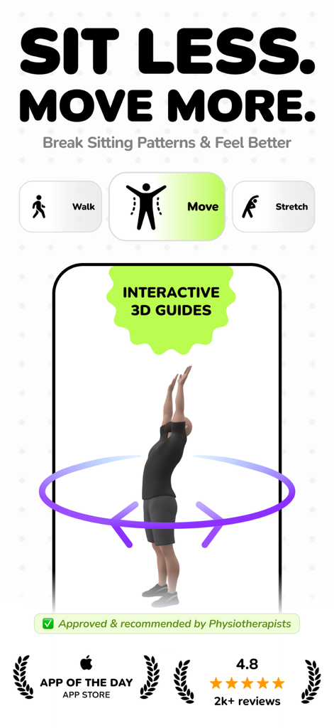 Moova: Hourly Activity Breaks - Interfaz de la aplicación Moova que muestra guías interactivas en 3D para ejercicios de caminar, moverse y estirarse.