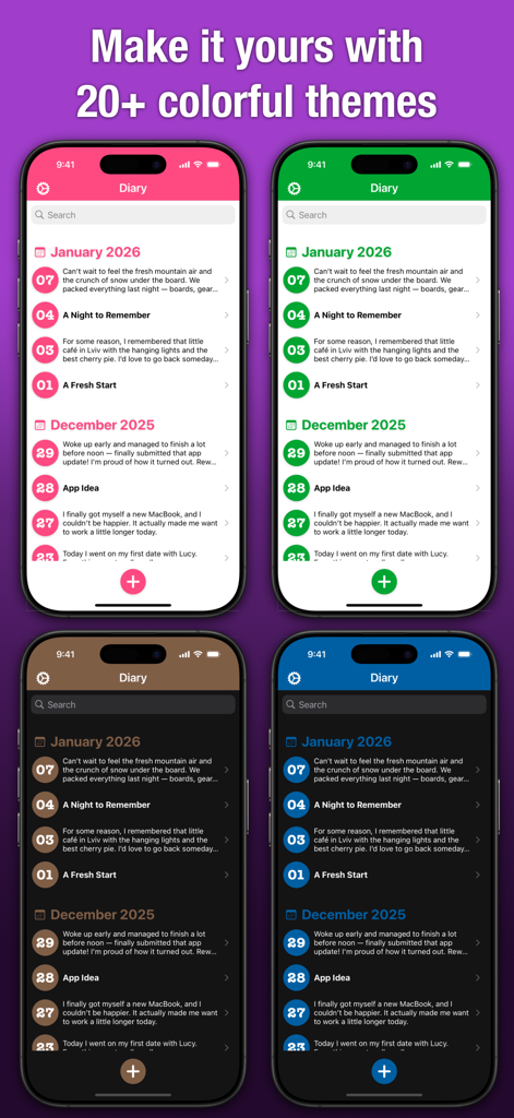 Simple Daily Diary - Four iPhone screens showing various light and dark color themes for the Simple Daily Diary app.