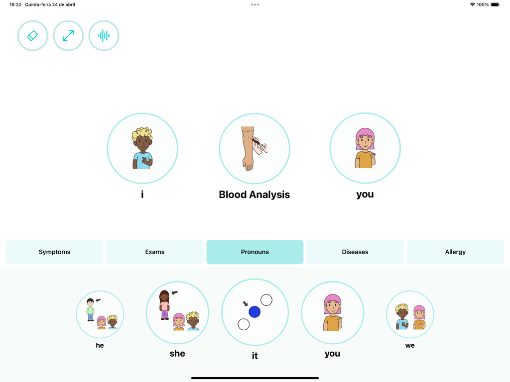 EasyTalk - Assistive Speech - iPad interface of EasyTalk showing medical communication cards and pronoun categories for assistive speech