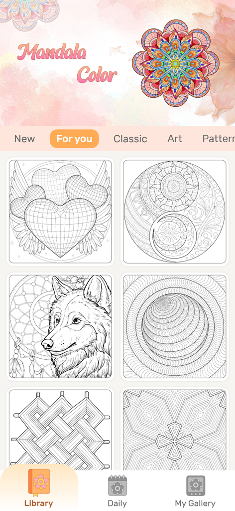 Mandala Coloring Book Game - Interface of the Mandala Coloring Book app showing various coloring templates including a wolf, hearts, and geometric patterns.