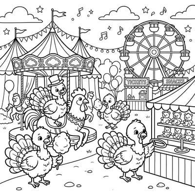 Step right up to the most charming carnival scene featuring a flock of playful baby turkeys! From carousel rides to cotton candy and exciting games, this coloring page is bursting with festive joy.