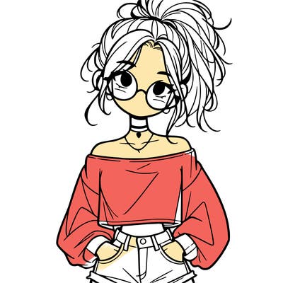 girl with a messy ponytail glasses a baggy crop top and jean shorts