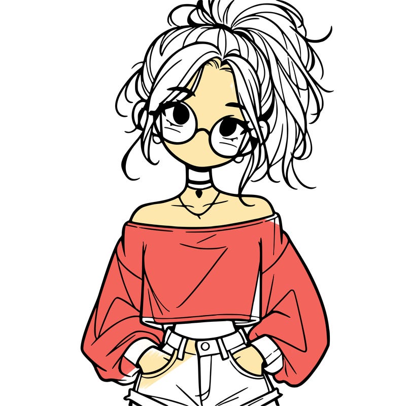 girl with a messy ponytail glasses a baggy crop top and jean shorts