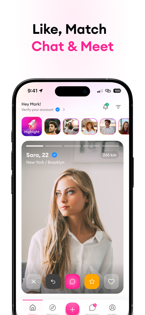 Amore: Video Chat, Meet, Flirt - Écran mobile de l'application Amore montrant un profil utilisateur pour le matching et le chat