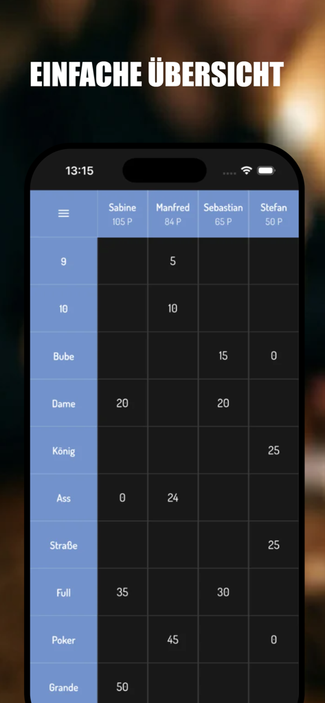 Escalero - Poker Dice Notepad - Digital score sheet interface for Escalero poker dice game showing multiple player scores in dark mode