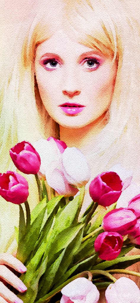 Efecto de pintura de acuarela aplicado a un retrato de una mujer sosteniendo tulipanes.