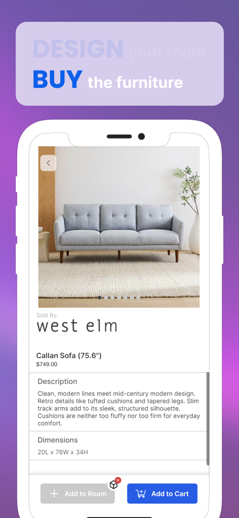 Realize app product screen for a West Elm sofa featuring design and shop buttons