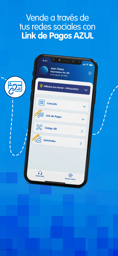 App AZUL - Interfaz móvil de App AZUL que muestra opciones de enlace de pago y código QR para servicios comerciales.