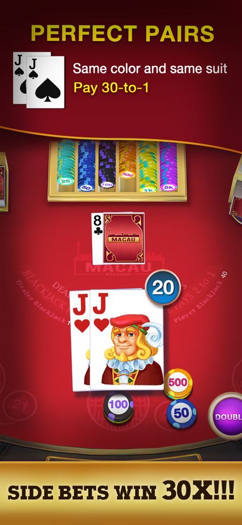 Blackjack 21: Casino Poker - A blackjack game interface showing a Macau themed table and a Perfect Pairs side bet win