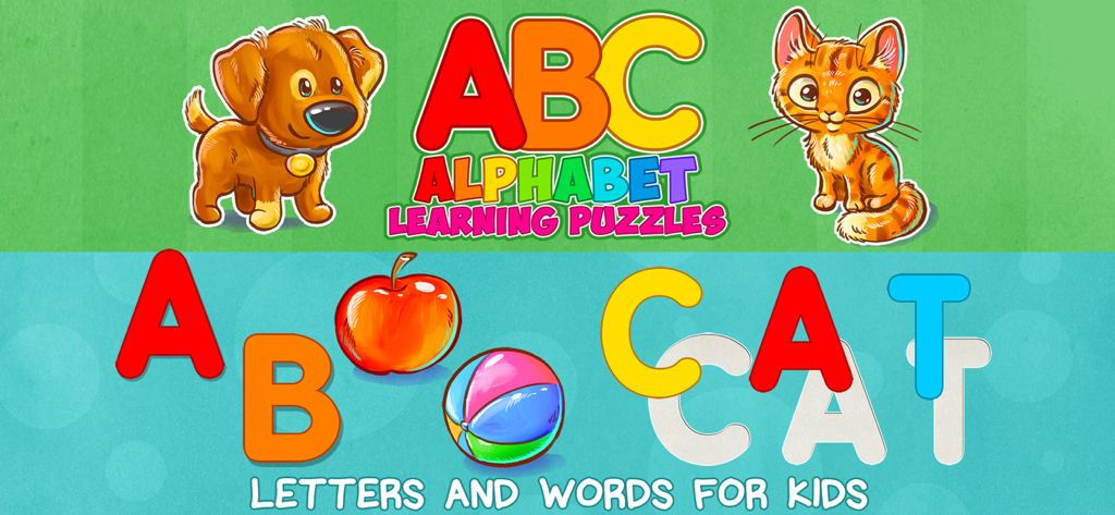Kids games for toddlers 2-4 - Promotional banner for kids educational app showing alphabet puzzles with a puppy and kitten
