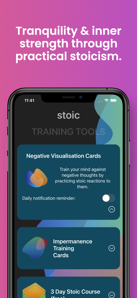 Stoic App - Stoicism for Life - Interface of the Stoic App showing training tools for mental resilience and negative visualization cards