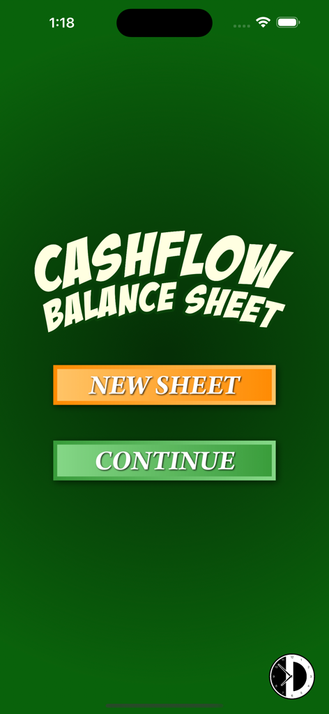 Cashflow Balance Sheet - Home screen of the Cashflow Balance Sheet app with New Sheet and Continue buttons