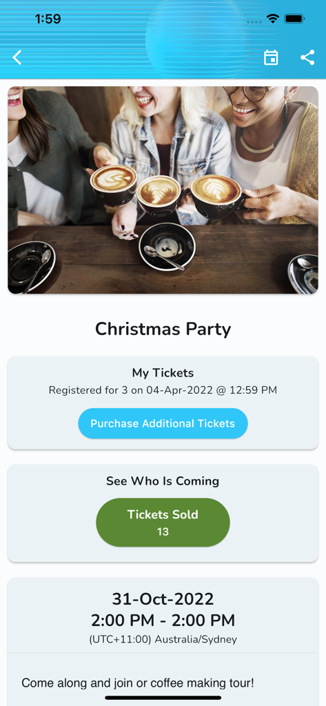 Member Jungle - Member Jungle app screen showing club event details for a christmas party with ticket information