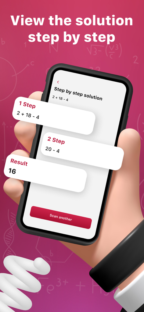Photosolve - Math Photo App - A hand holding a smartphone showing a step by step math solution for an addition and subtraction problem in the Photosolve app